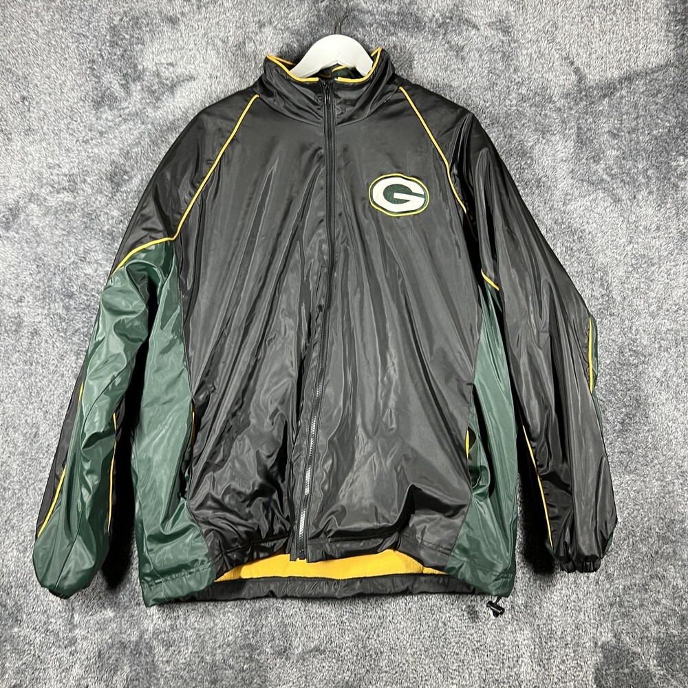 Green Bay Packers Jacket Mens XL Black  Windbreaker Lined NFL GIII